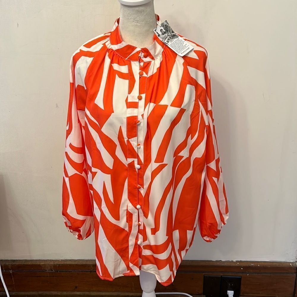 Prettywear orange white long sleeve button front henley collar blouse Size M New